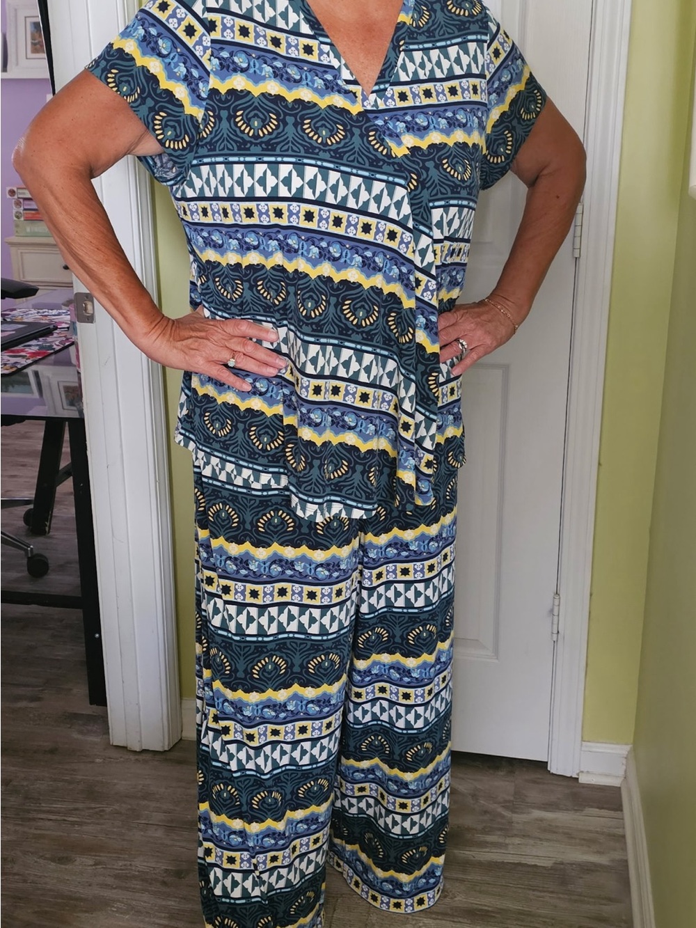 Lane Bryant Navy, Yellow & White Printed Wide-Leg Jumpsuit